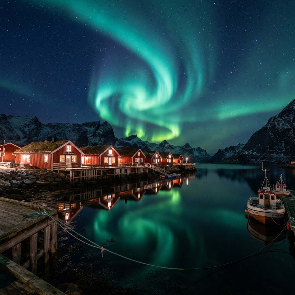 The Northern Lights illuminating the night sky above the fishing huts.