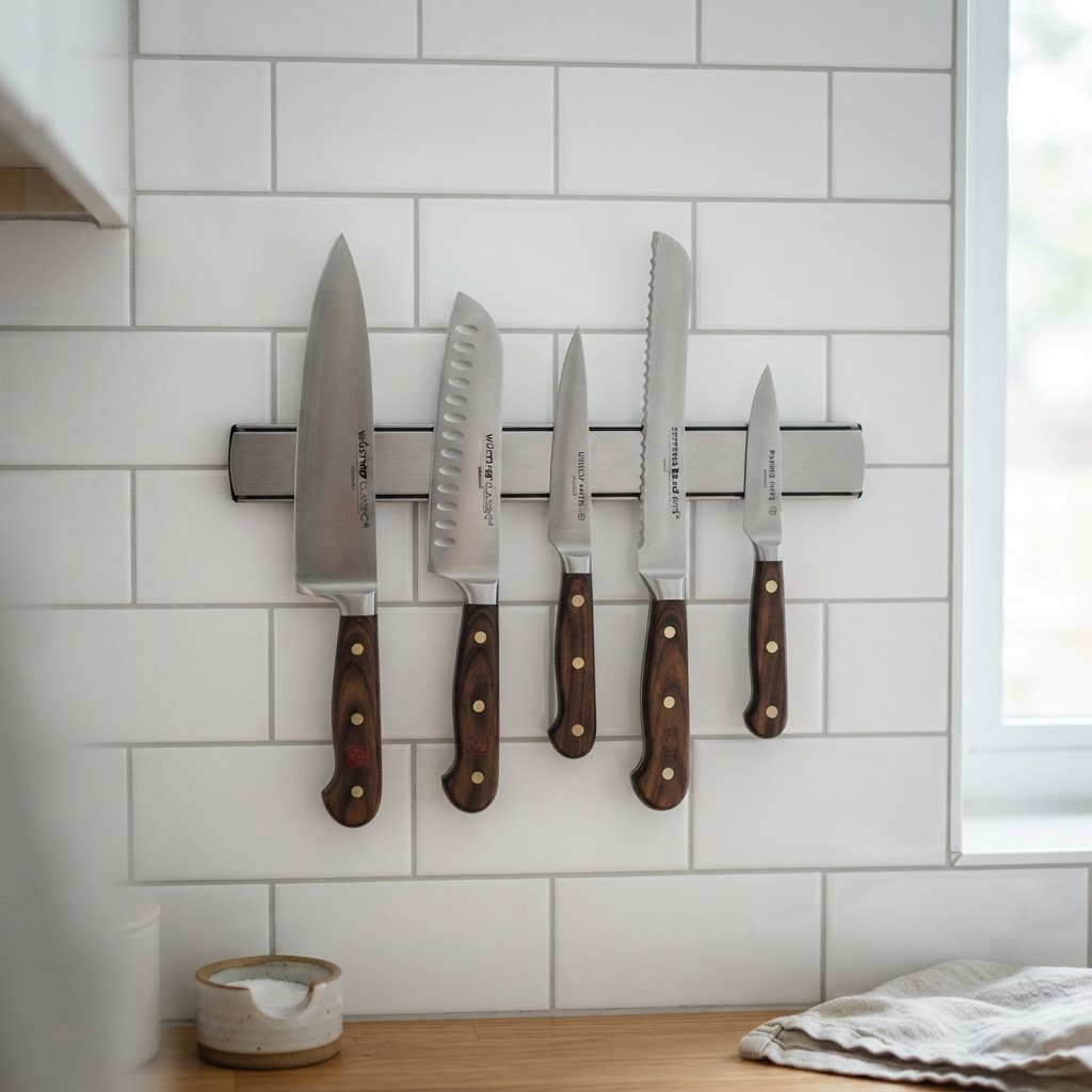 Magnetic strips keep your knives organized and within reach.
