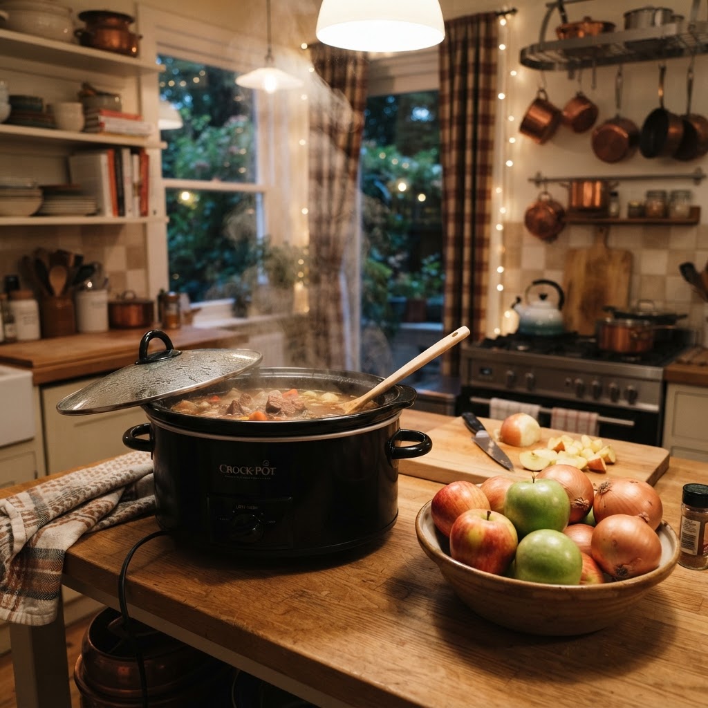 A cozy slow cooker setup for an easy weeknight dinner.