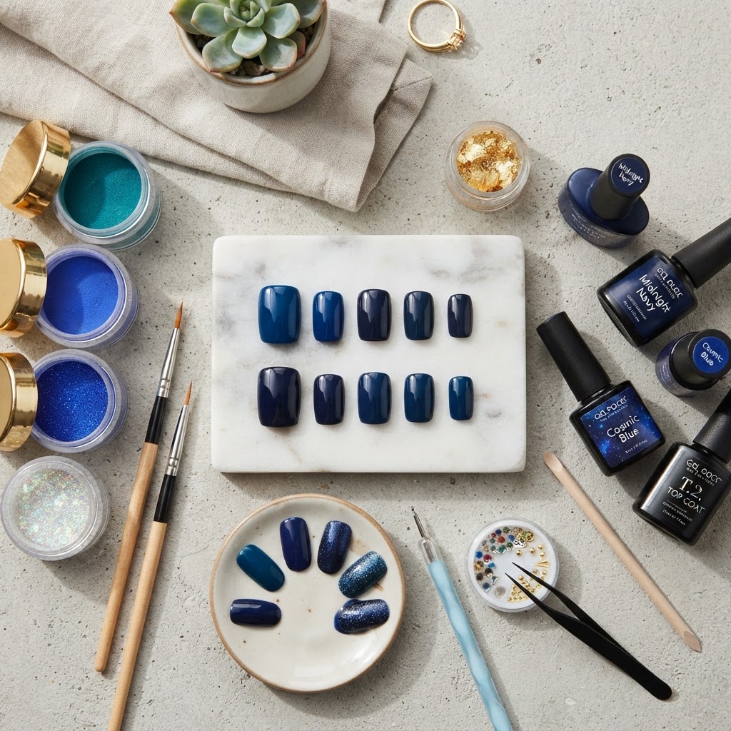 Aesthetic flat lay featuring dark blue acrylic nails and art supplies.