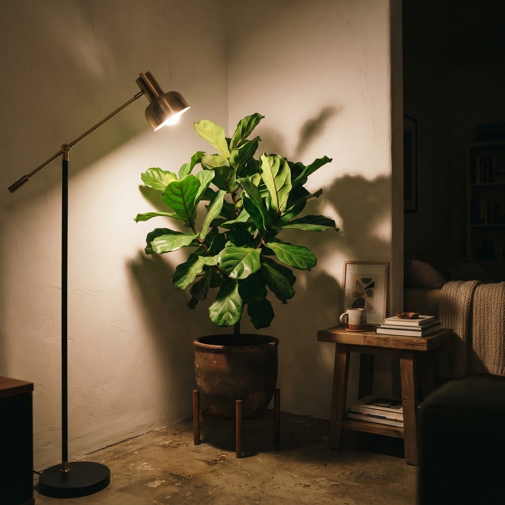 Using warm lighting to highlight indoor plants creates depth and drama.