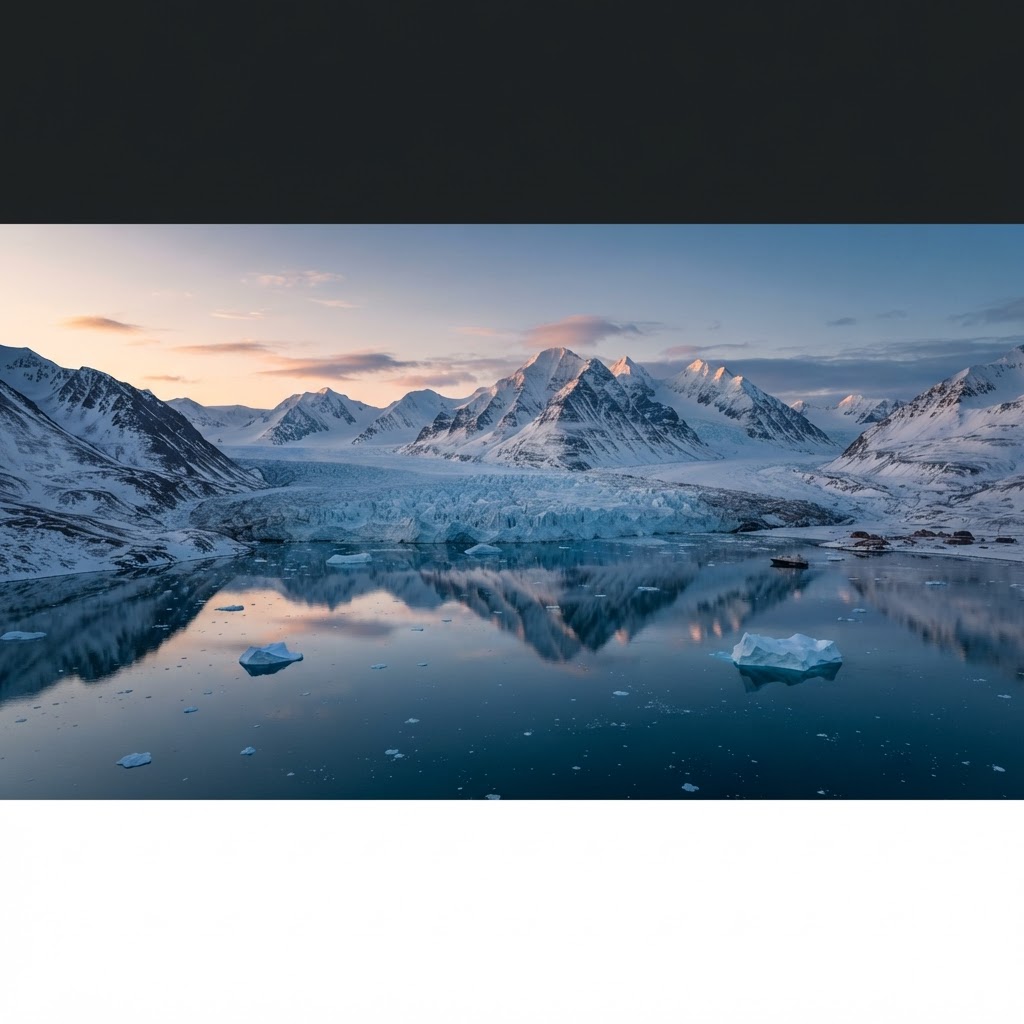The serene, icy expanse of Svalbard during the polar twilight.