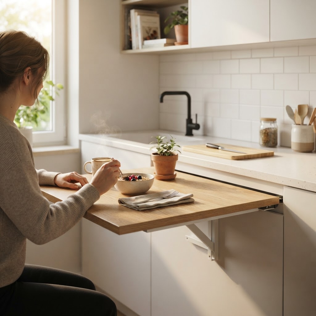 Clever use of a wall-mounted fold-down table.