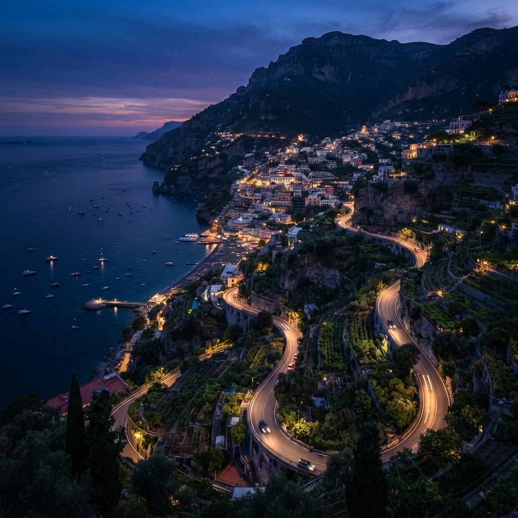 As the sun dips below the horizon, the Amalfi Coast takes on a dreamy, twilight color palette.