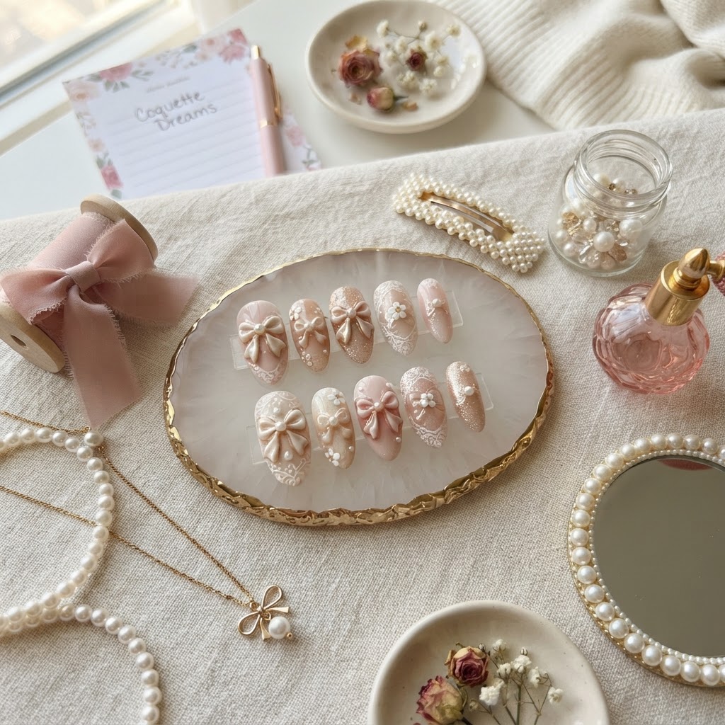 Flat-lay of trendy press-on nail sets.