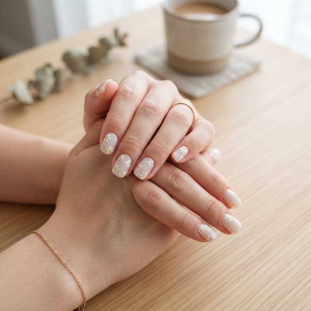 Minimalist Sweet Daisy press-on nails.