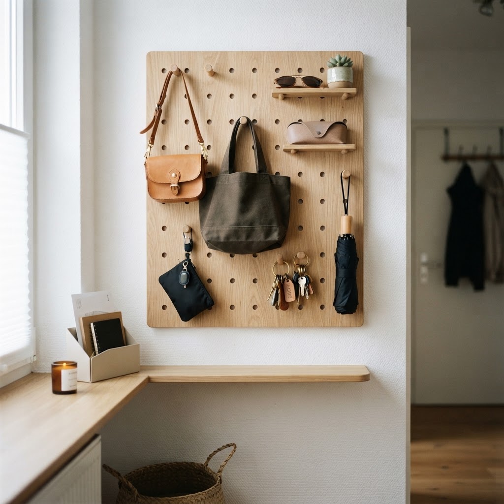 Pegboards offer modular storage for small entryway items.