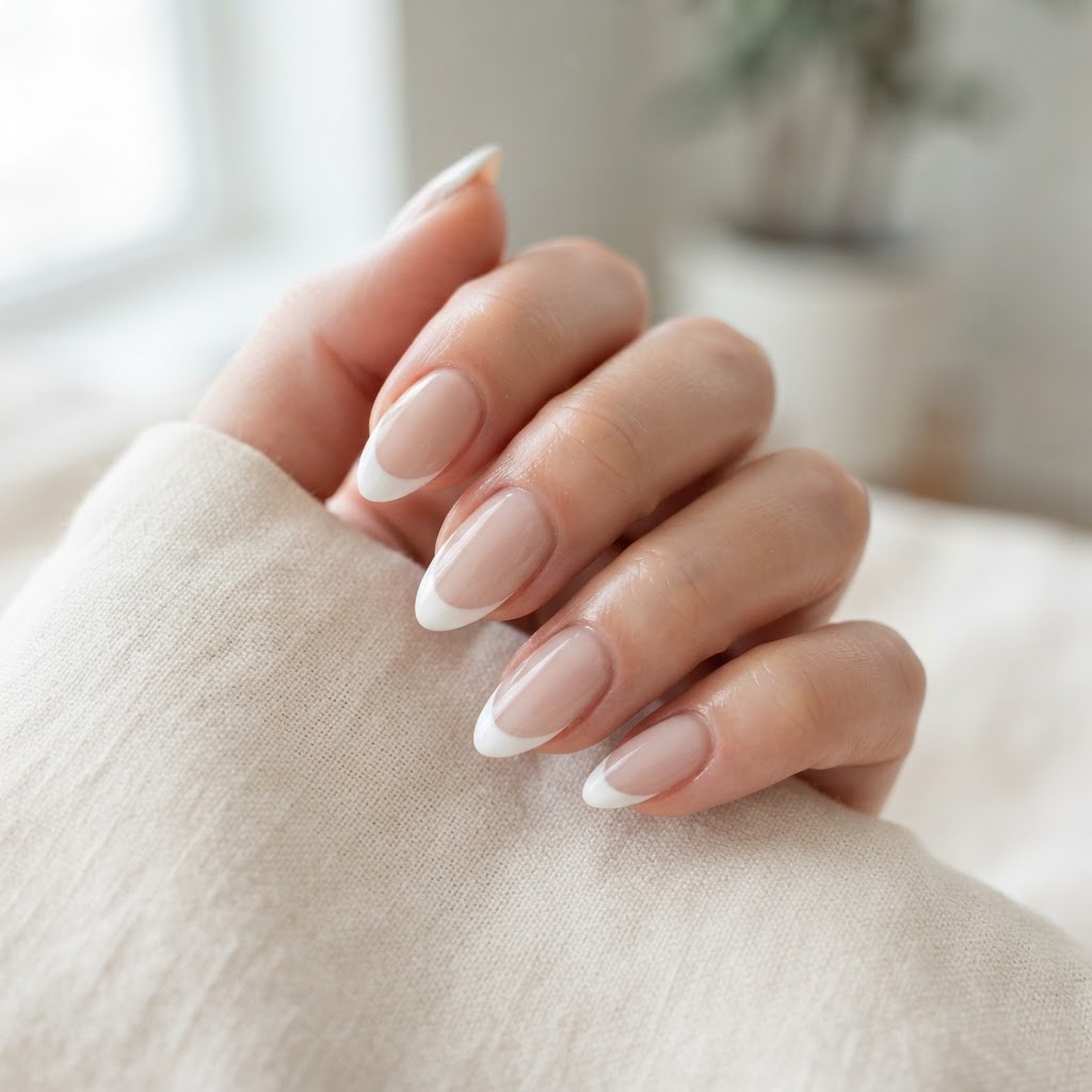 The classic almond French tip manicure is the hallmark of the clean girl aesthetic.