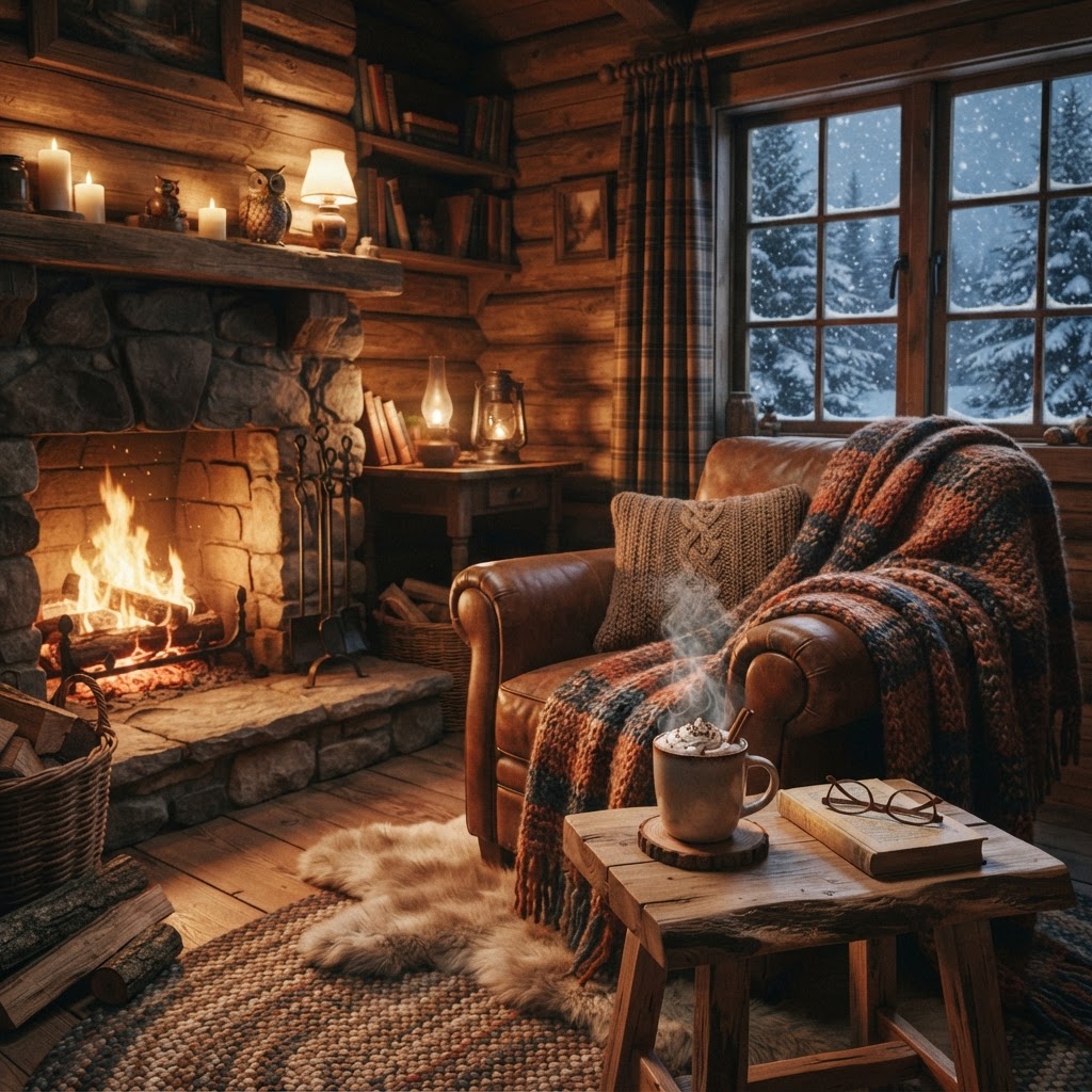 Experience the warmth of 'kos' inside a traditional Norwegian cabin.