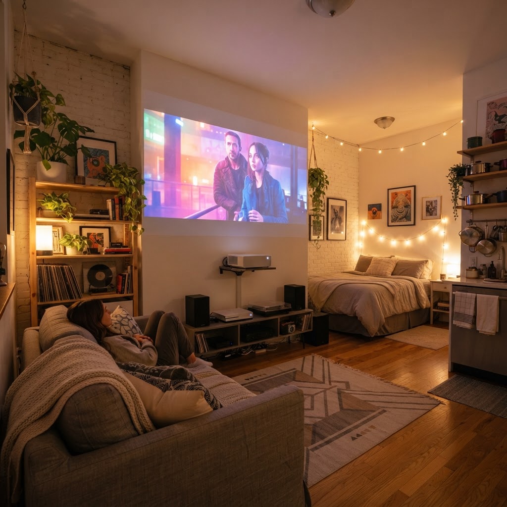 Clean cable management makes the projector setup look intentional and elegant.