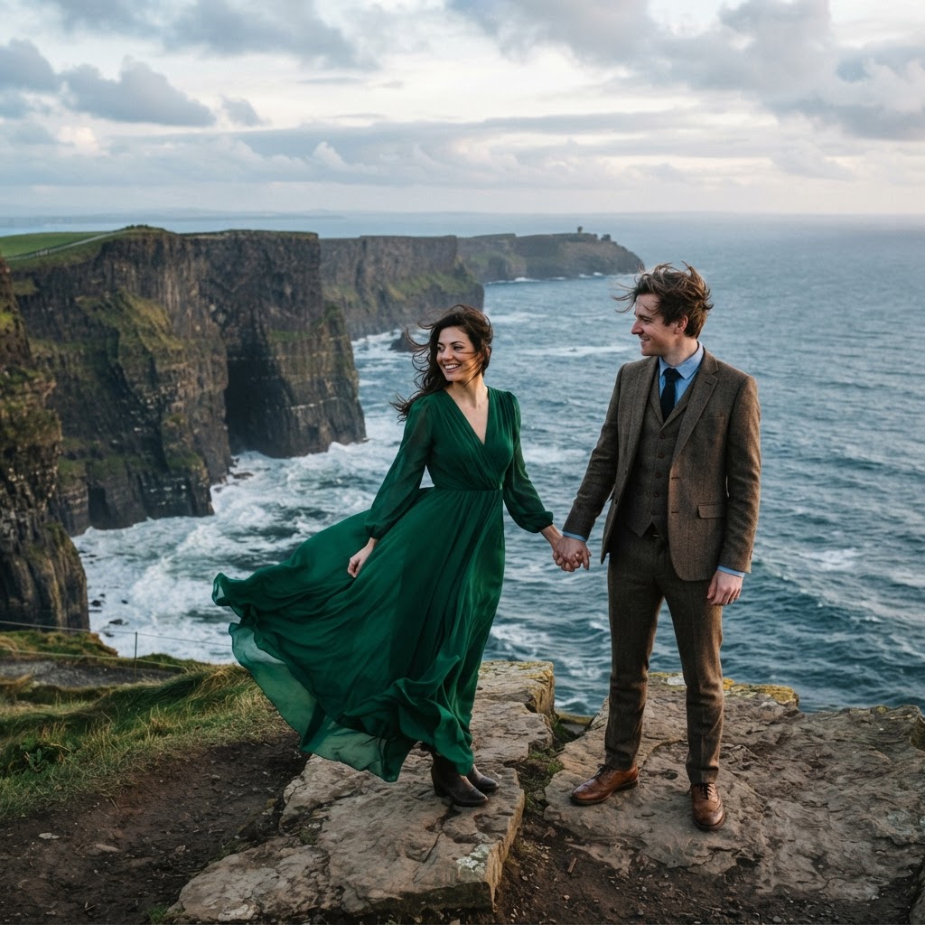 Flowing fabrics and earthy tones create a stunning contrast against the dramatic backdrop of Irish cliffs.