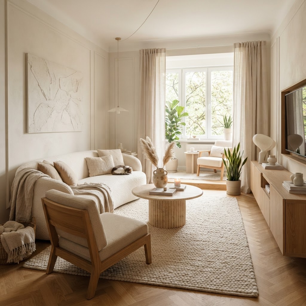 A neutral, beige-toned living room that feels open and airy.
