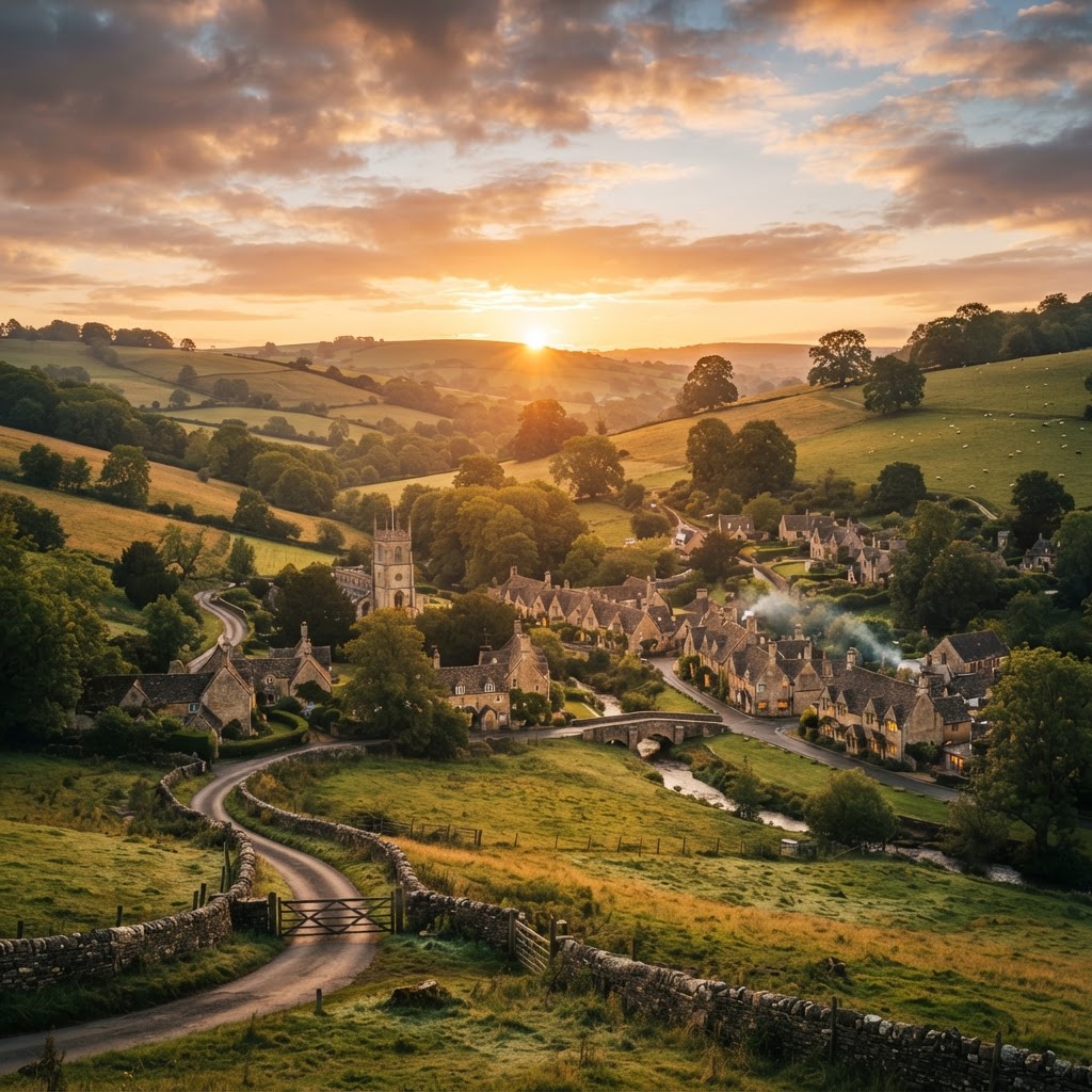 The iconic rolling hills of the Cotswolds at sunrise.