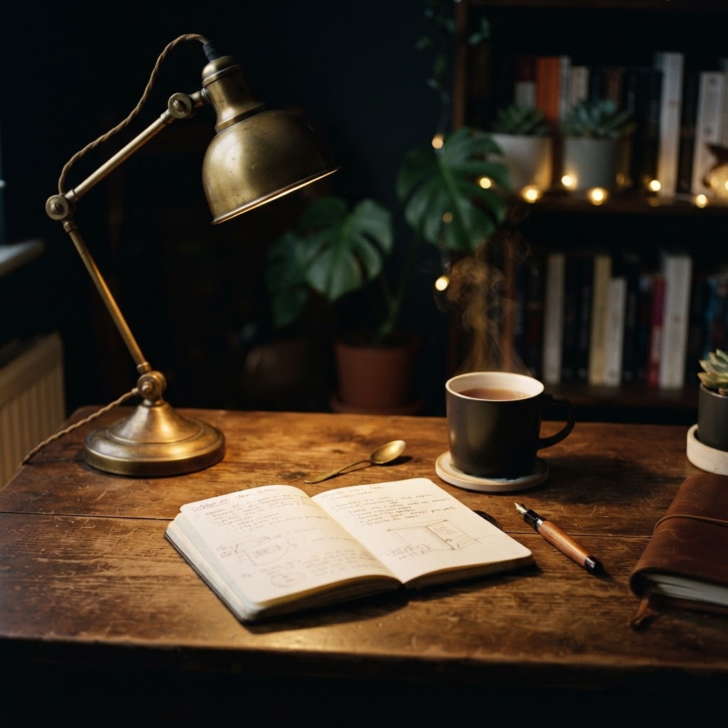 A warm brass desk lamp creates an inviting focal point for late-night creativity.