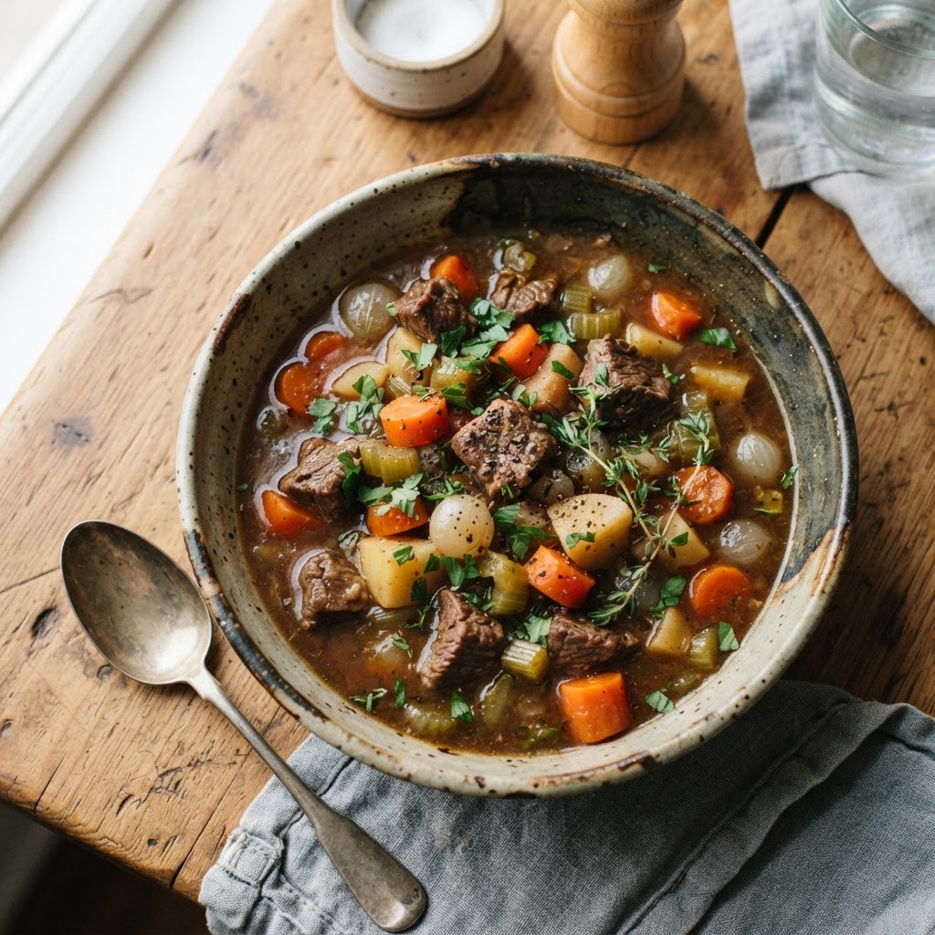 A steaming bowl of homemade slow cooker beef stew.