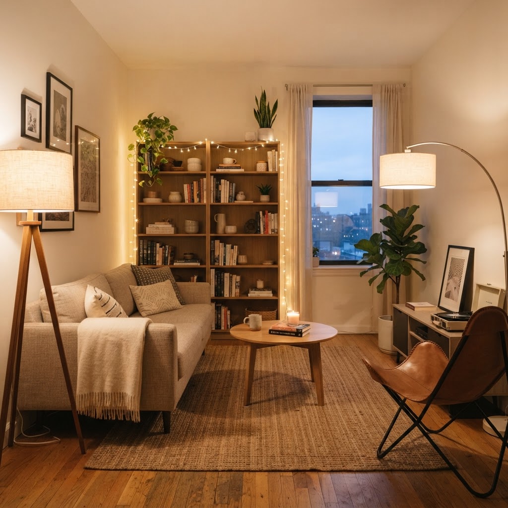 Warm layered lighting creates an inviting atmosphere in compact spaces.