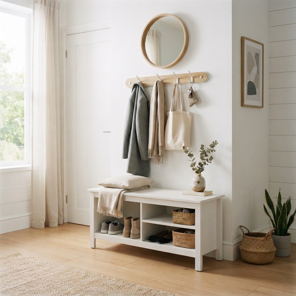 A clean, minimalist entryway bench helps keep floors clear.