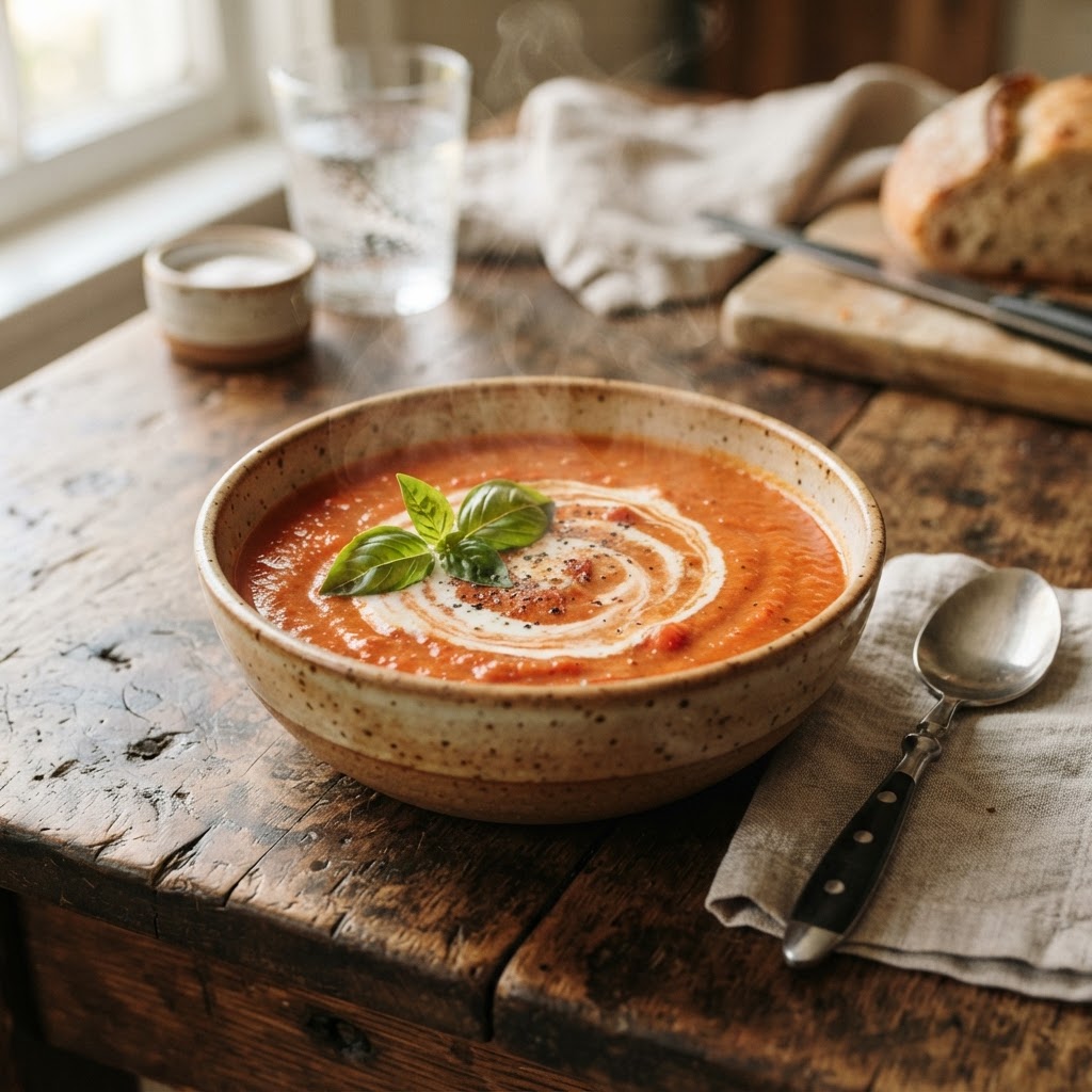 A bowl of creamy, homemade tomato basil soup ready to serve.