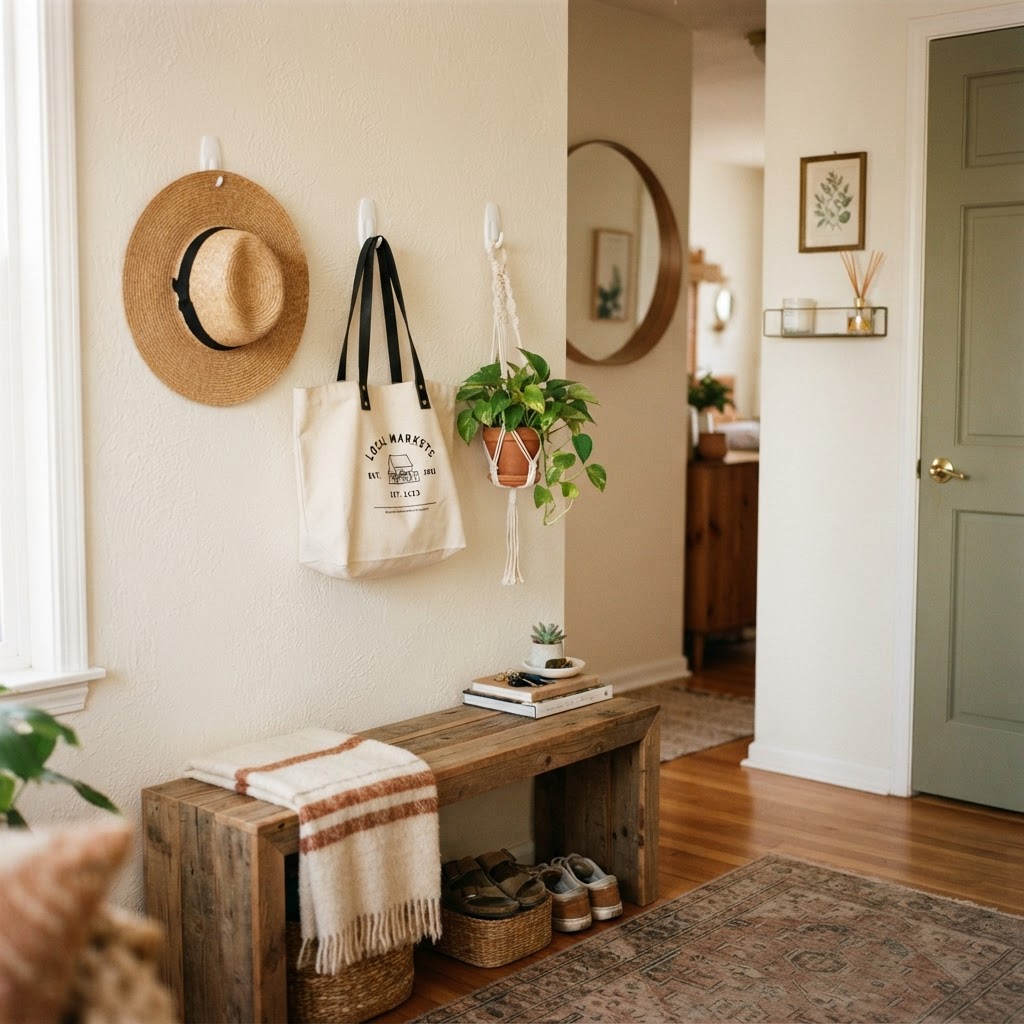 Maximize wall space with adhesive hooks.
