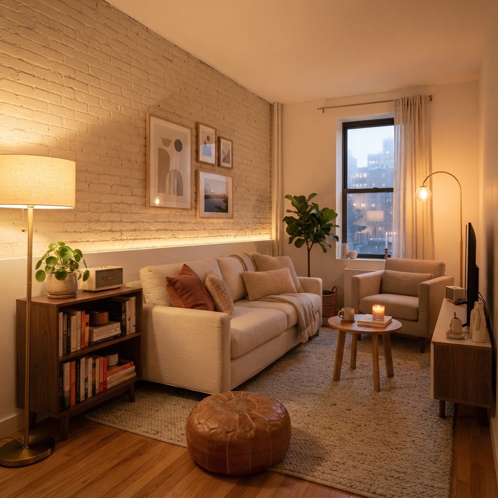 Layered lighting creates a cozy atmosphere in small spaces.