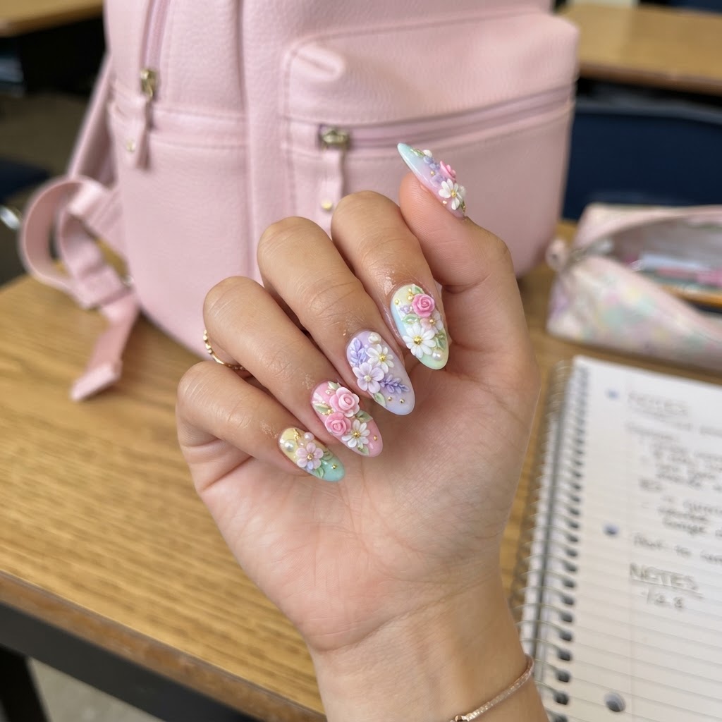 Get creative with 3d flower nail art for a trendy back-to-school look.