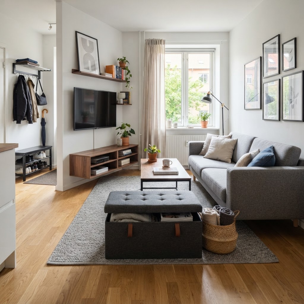 Multi-functional furniture is the secret to a clutter-free room.
