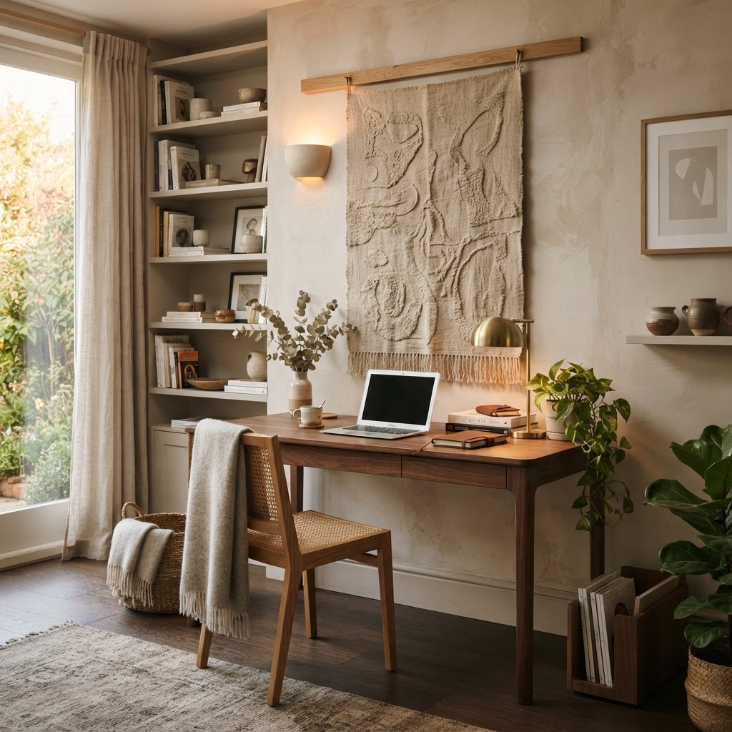 Textile art brings warmth and texture to a modern room.