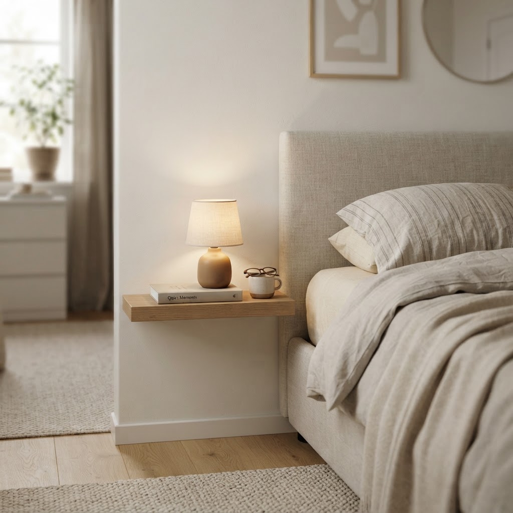 A floating nightstand saves floor space in small bedrooms.
