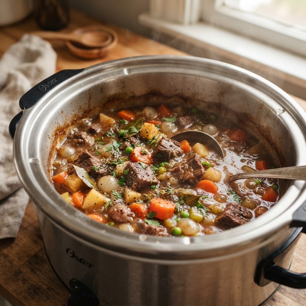 The rich texture and vibrant colors of beef stew in the slow cooker.