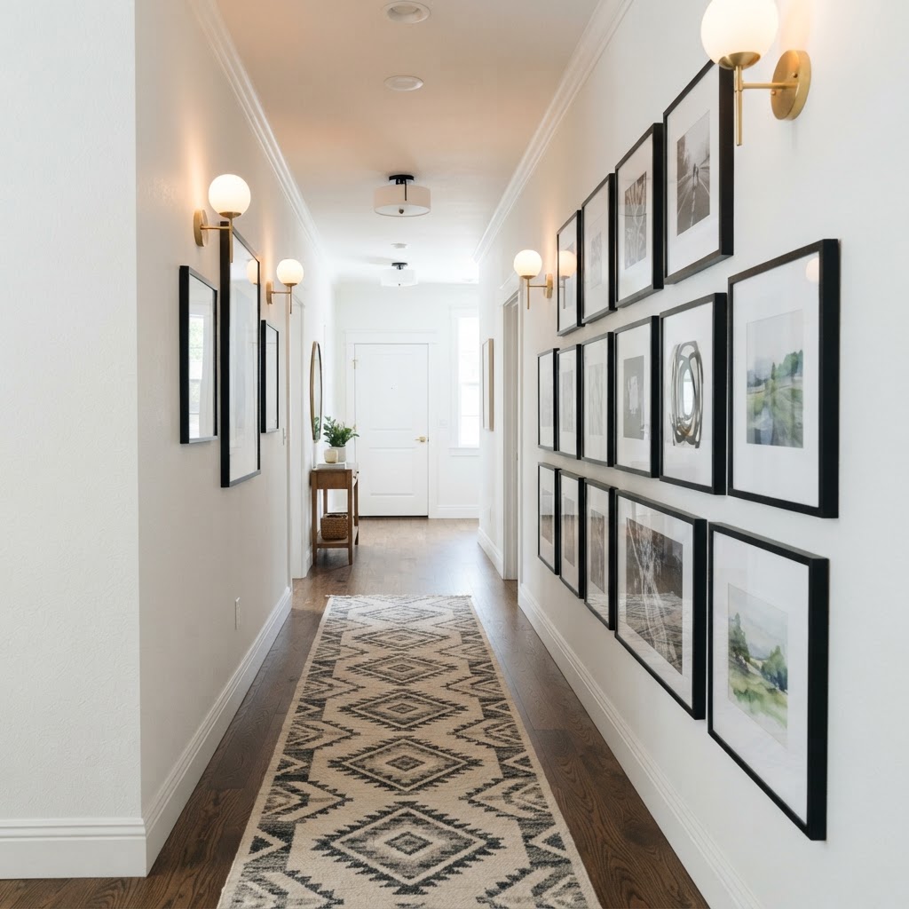 A gallery wall and a runner rug turn a simple hallway into a sophisticated corridor.