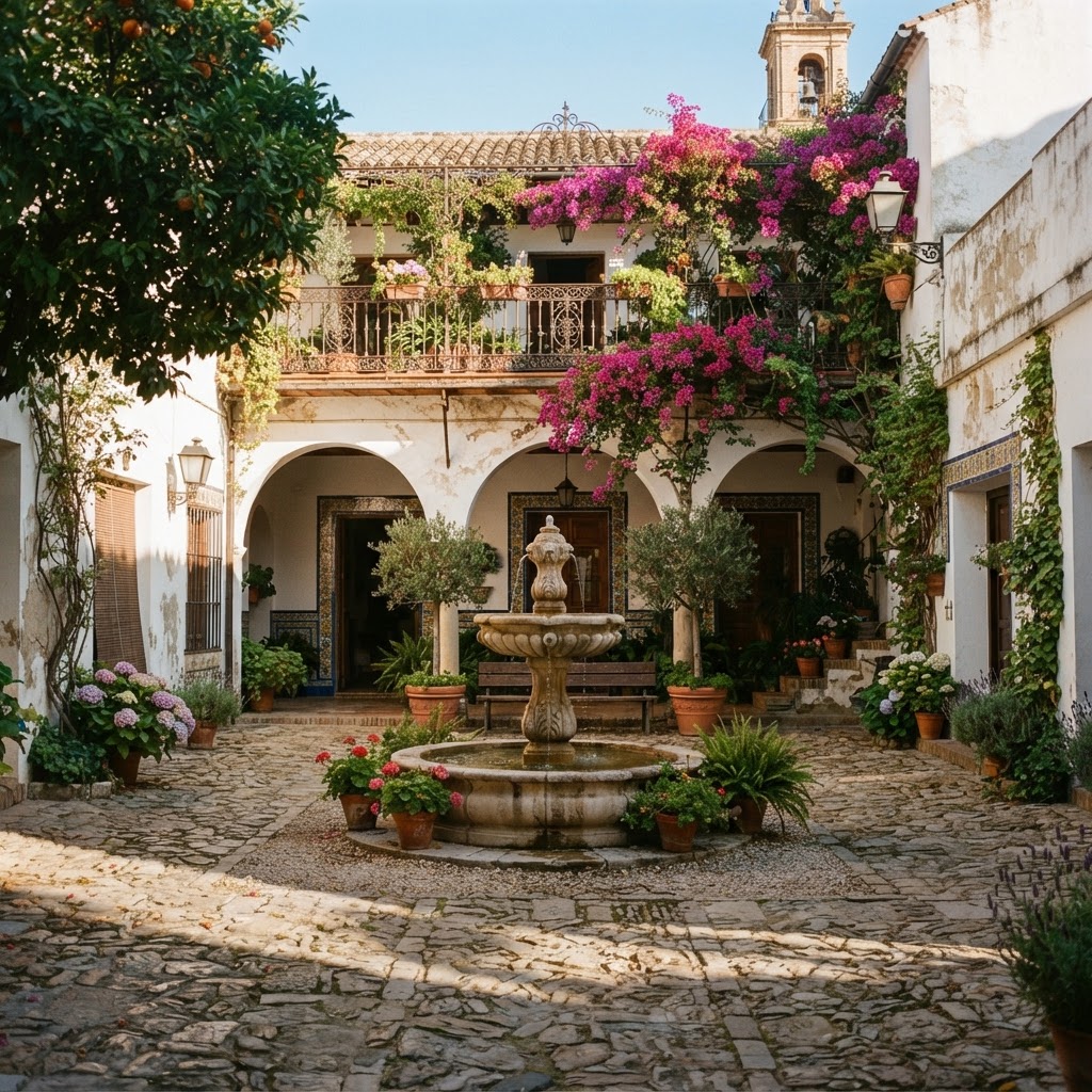A quiet, hidden courtyard provides a peaceful escape from the city heat.