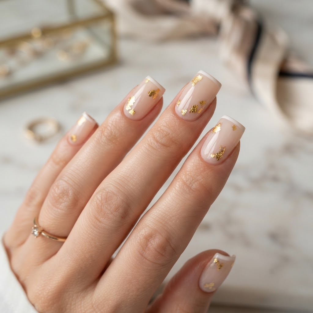 Elegant square nails featuring minimalist gold embellishments.