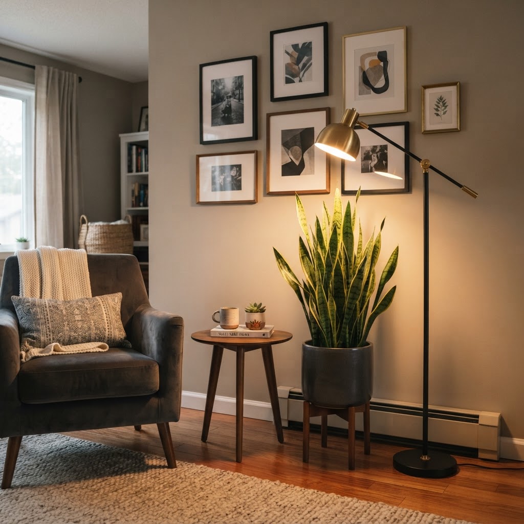 Layering floor lamps and plants creates a cozy, high-vibe corner.