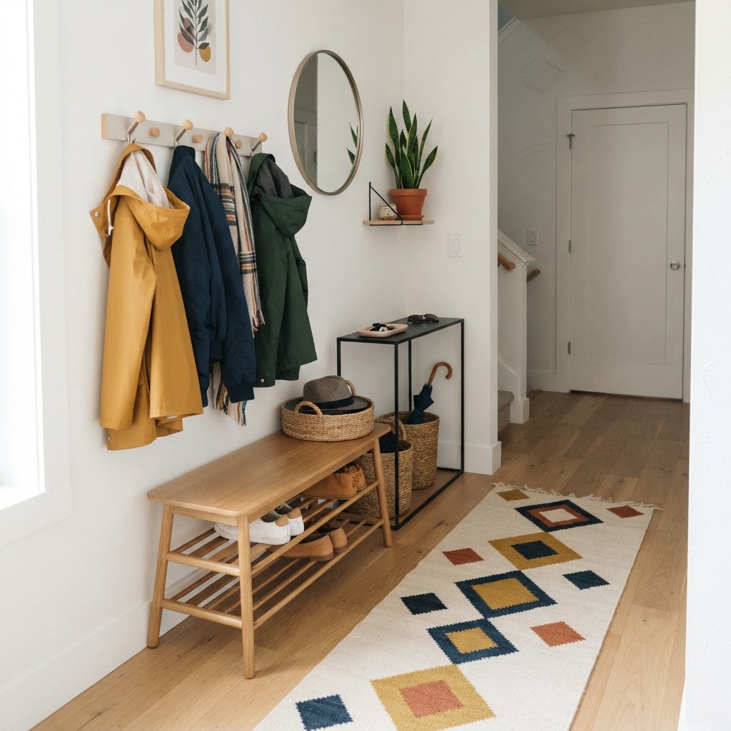 Hooks and benches keep the floor clear in tiny entryways.
