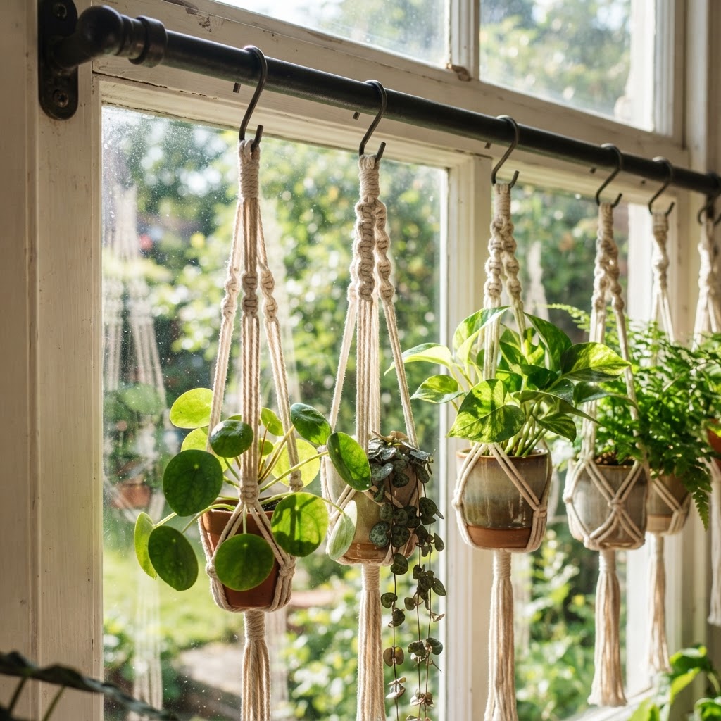 Create a vertical indoor garden using a window-mounted tension rod.