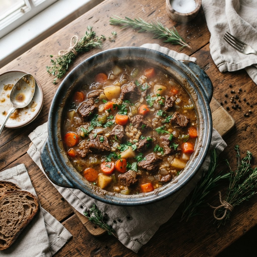A rich, slow-cooked beef stew ready to be served.