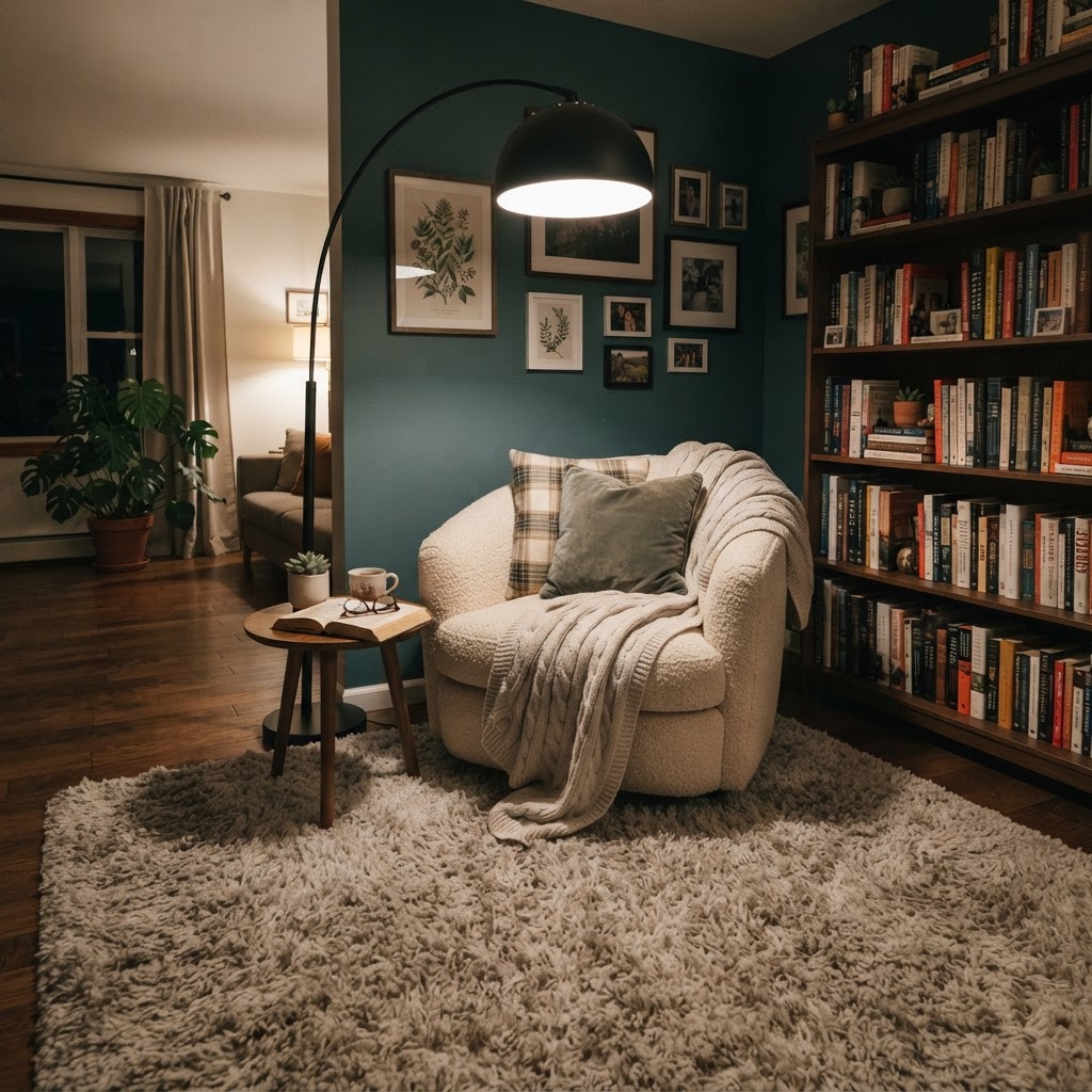 The right lighting fixture transforms a corner into a cozy, inviting reading nook.