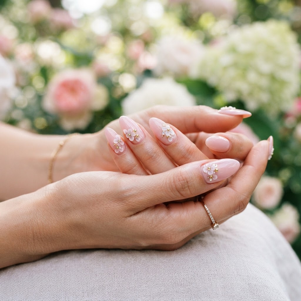 A close-up of 3D floral press-on nails.