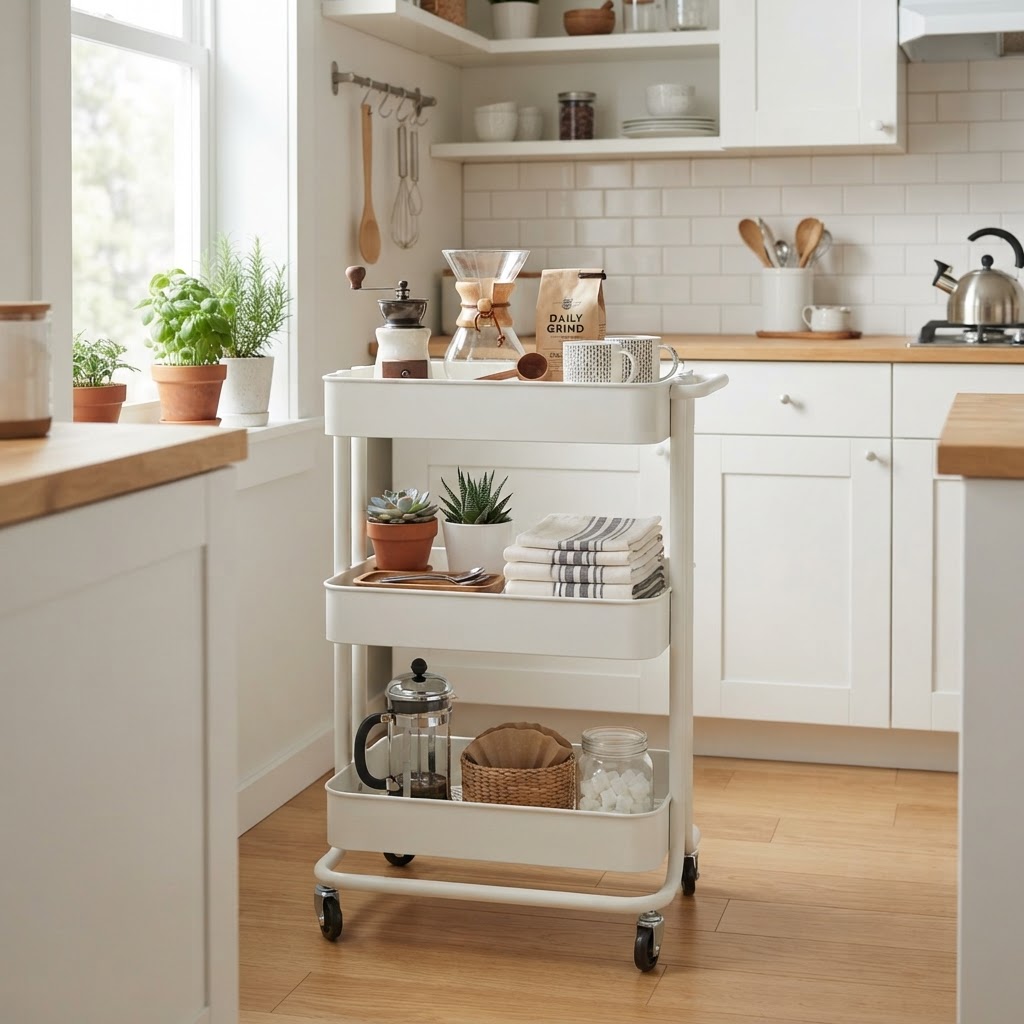 A rolling storage cart can act as a mobile coffee station in a small kitchen.