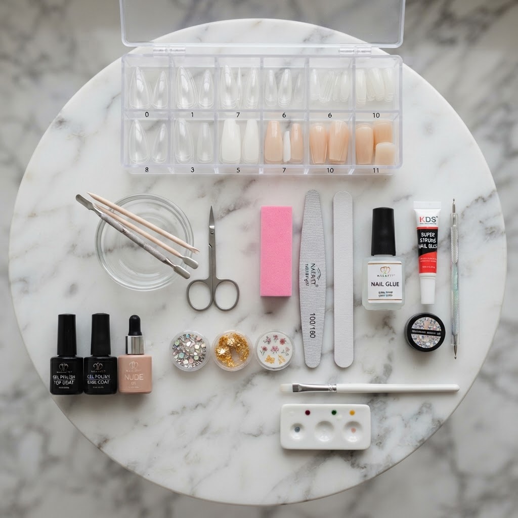 Essential tools needed for a professional DIY press on manicure.