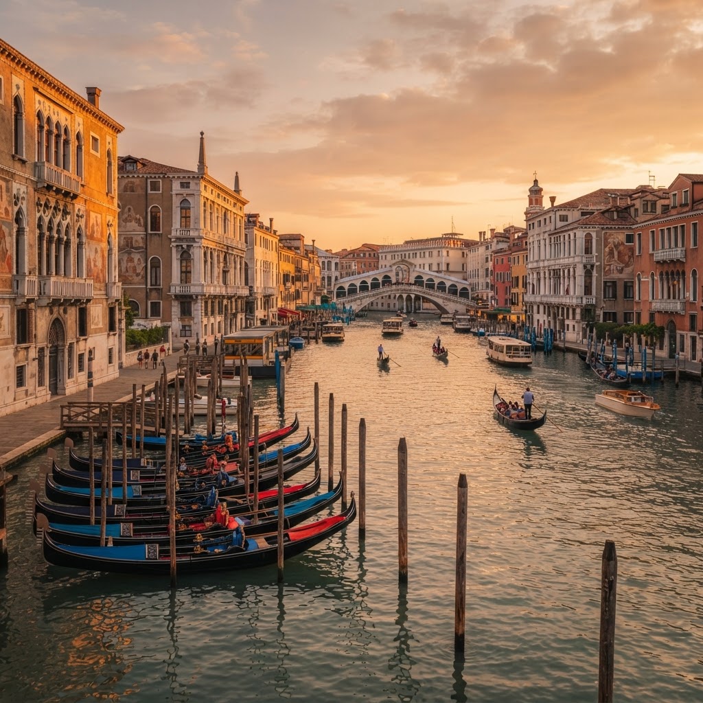 The Grand Canal at sunset, showcasing the timeless beauty of Venetian architecture.