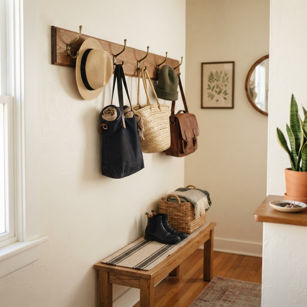 Vertical wall storage saves precious floor space.