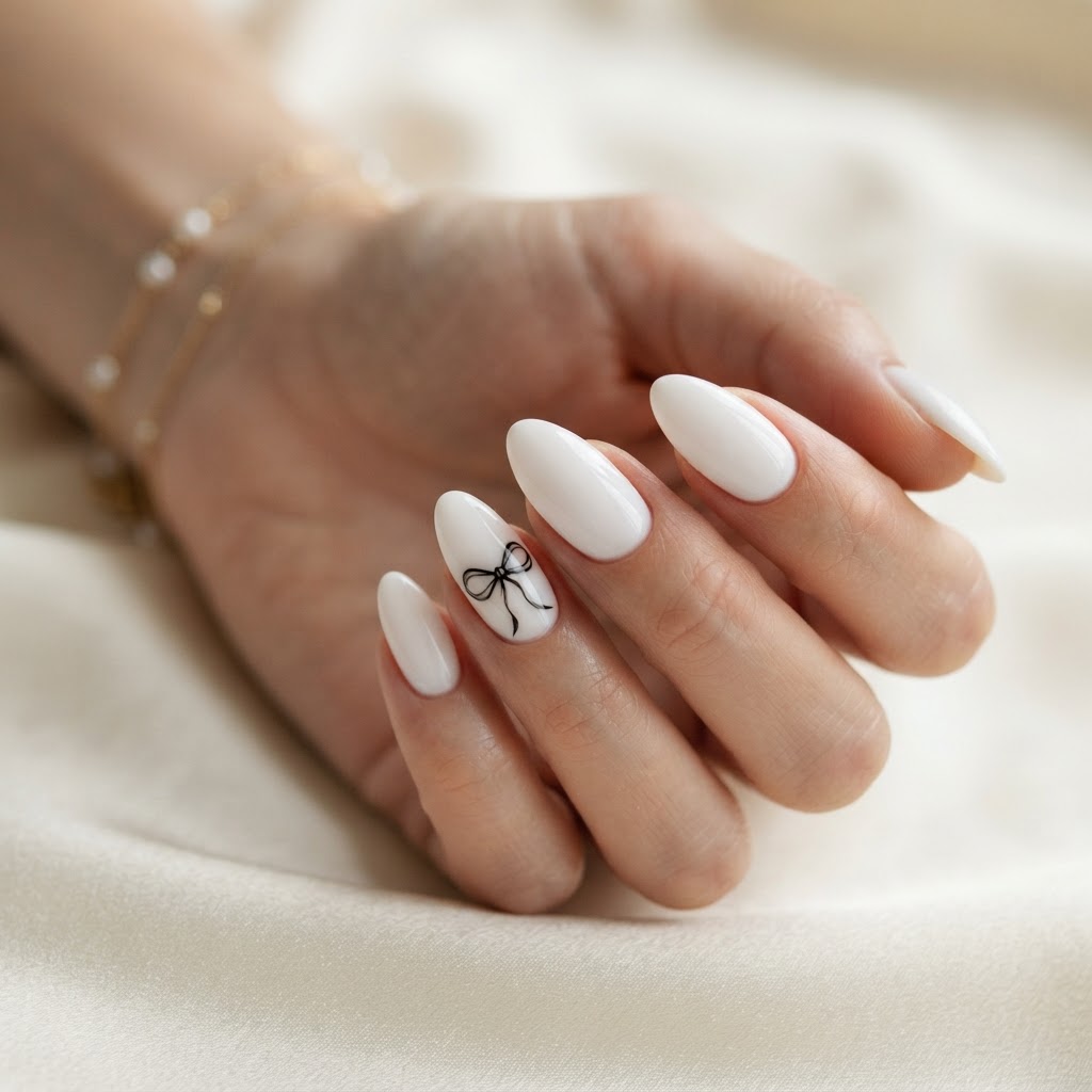 Elegant almond-shaped nails with a minimalist black bow design.