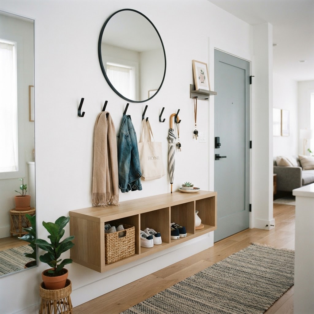 A well-organized small entryway bench with cubbies.