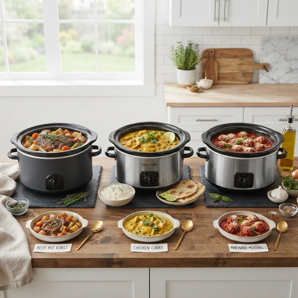 A variety of delicious and healthy slow cooker meal ideas.