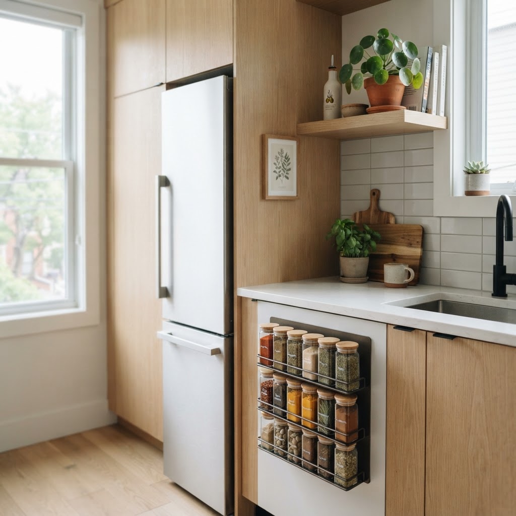 Magnetic spice racks utilize empty space on appliances.