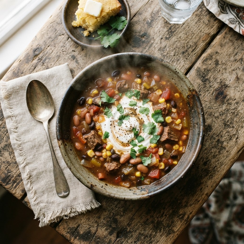 A bowl of hearty Cowboy slow cooker soup ready to be served.