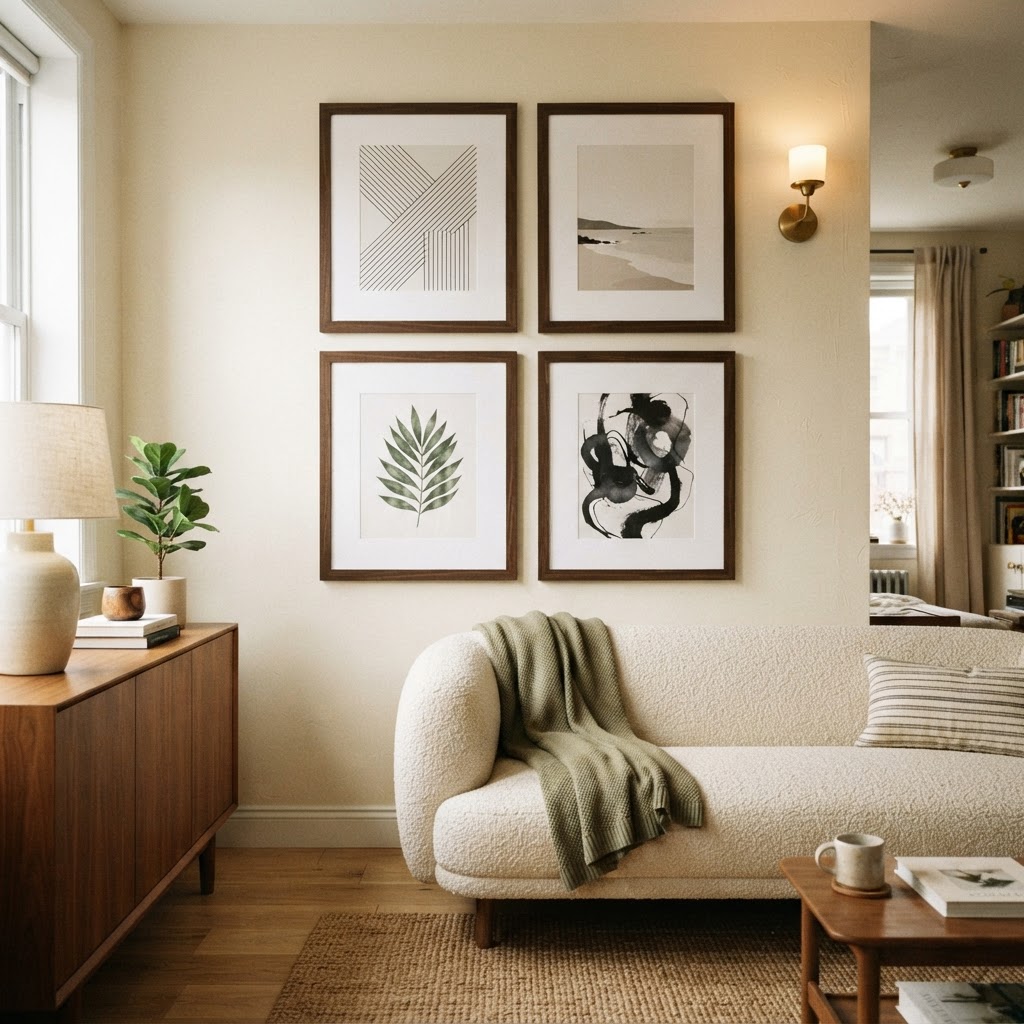 Properly hung art at eye level creates a sophisticated, gallery-inspired living space.