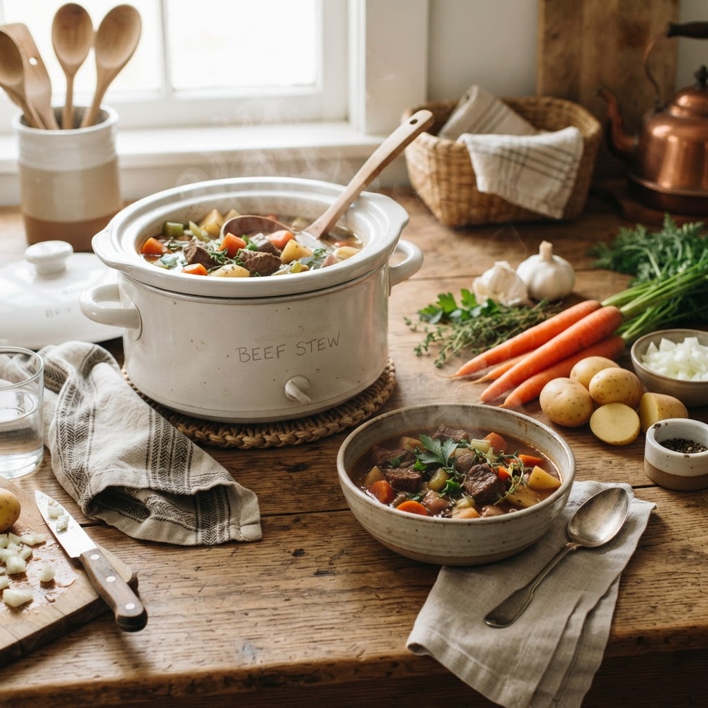A variety of slow cooker meals served in a cozy kitchen setting.
