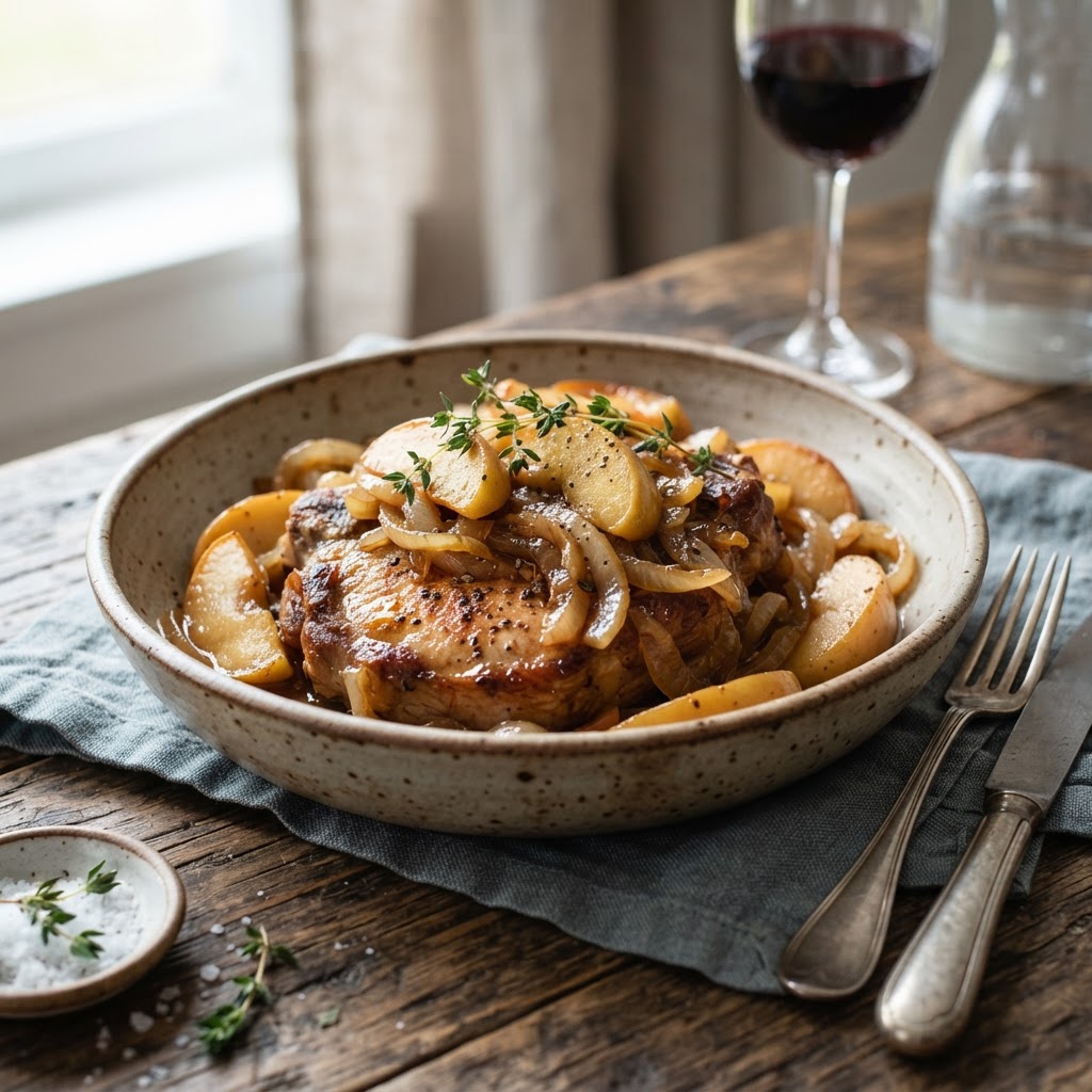 Succulent slow cooker pork chops topped with savory-sweet apples.